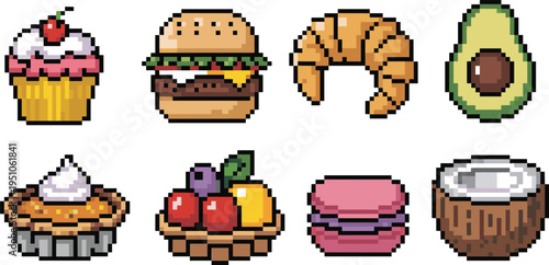 Pixel art food icons set, cupcake burger croissant avocado pie fruit basket macaron coconut, retro 8 bit game style dessert illustration