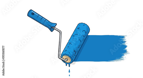 Blue paint roller with handle.