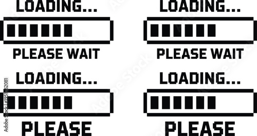 Pixel style loading progress bar icons with please wait text, retro game interface loading screen vector set for UI, app, website