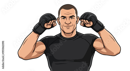 Cartoon illustration of a muscular man wearing black hand wraps and a black t-shirt with a confident expression on a plain white background.