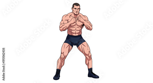 Illustration of a muscular man in fighting stance with fists up wearing black shorts and socks on a white background.