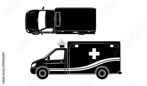 Ambulance vector illustration with top and side view black silhouette for EMS