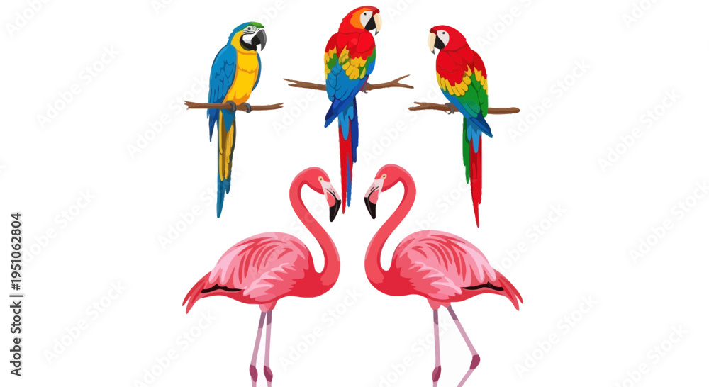 Obraz premium Vibrant tropical birds illustration featuring parrots and flamingos