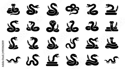 Black silhouette rattlesnake vector icon set featuring various wild snake poses including coiled, striking, and crawling venomous serpent glyphs for graphic design.