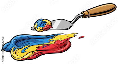 Colorful paint palette knife spreading paint.