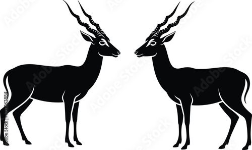 Two Antelope Silhouettes Facing Each Other with Long Curved Horns, Elegant Wildlife Vector Illustration, African Savanna Animal Design Isolated on Light Background