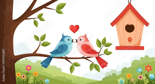Romantic bird scene with colorful flowers and birdhouse