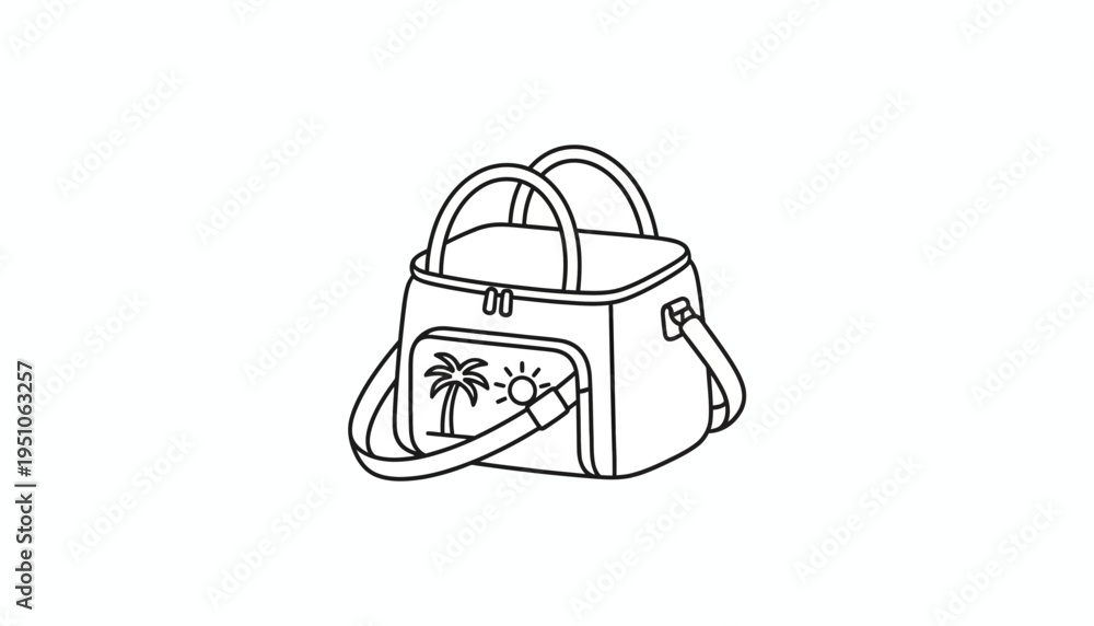 Fototapeta premium Hand-drawn illustration of a beach bag with palm tree and sun graphic, perfect for summer travel.
