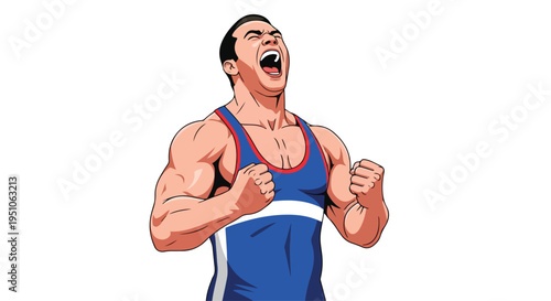 Cartoon illustration of a muscular man wearing a blue wrestling singlet with fists clenched and mouth open in a triumphant expression against a plain white background.