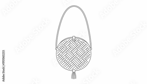 Handcrafted Woven Round Handbag with Tassel, Minimalist Line Art Illustration