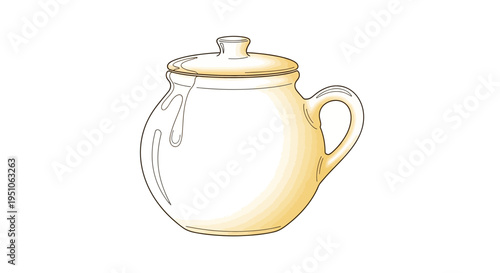 Hand-drawn illustration of a ceramic pot with lid and handle, isolated on white background