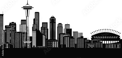 Seattle city skyline silhouette illustration, Space Needle and downtown skyscrapers with stadium landmark, urban Washington cityscape vector