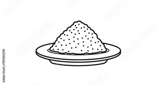 Hand-drawn illustration of a pile of rice on a plate, black and white line art