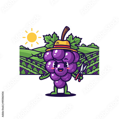 Cute cartoon grape character wearing a hat and holding shears in a sunny vineyard