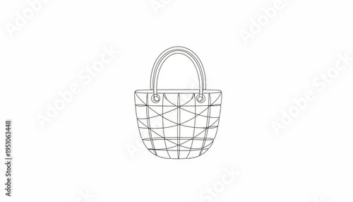 Handwoven Wicker Basket with Handle, Simple Line Art Illustration, Isolated on White Background