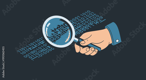 hand holding magnifying glass over binary code