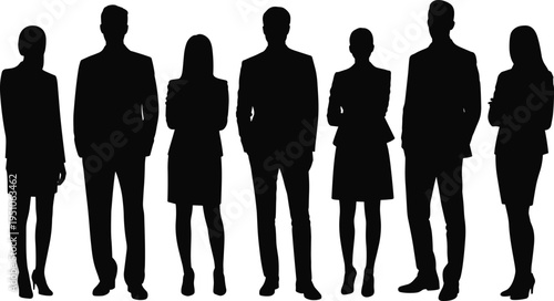 Professional group of business people silhouettes featuring diverse men and women in formal corporate office attire standing together for successful team leadership and management concept
