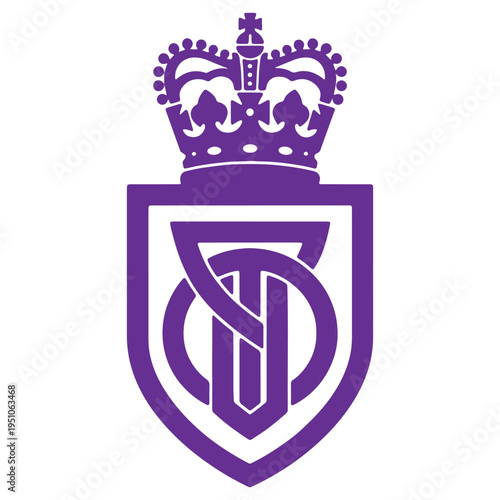 A stylized purple heraldic crest featuring a royal crown above a shield with an intricate interwoven monogram symbol isolated on a white background representing heritage and official insignia
