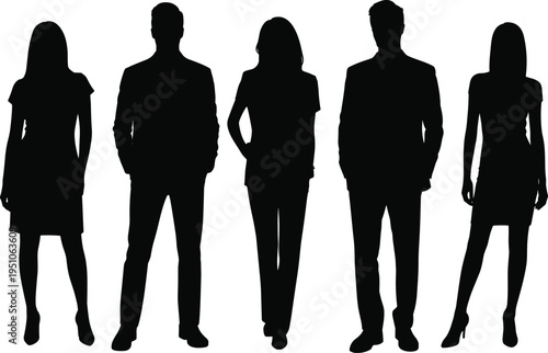 Professional group of business people silhouettes including men and women in formal corporate attire standing together for team collaboration and leadership concept