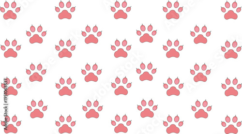 Cute Seamless Pattern Of Pink Cartoon Cat Paw Prints On A Solid White Background Illustration