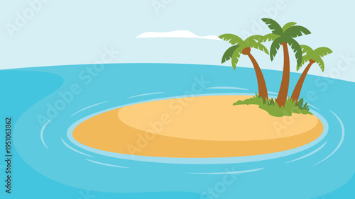 Tropical island with palm trees vector illustration, small sandy island in blue ocean water, summer travel vacation landscape design