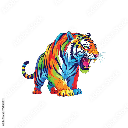 Vibrant multicolored tiger illustration with dynamic rainbow hues and bold expression