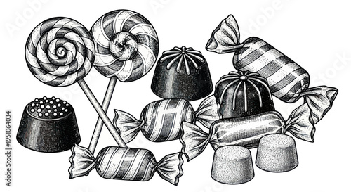 Assortment of Vintage Style Chocolates and Lollipops Drawing