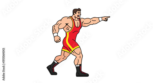 Illustration of a muscular cartoon wrestler wearing a red and yellow singlet, pointing to the right with a determined expression against a plain white background.