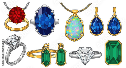 Collection of exquisite gemstone jewelry: rings, pendants, earrings with diamonds, sapphires, emeralds, rubies, opals.