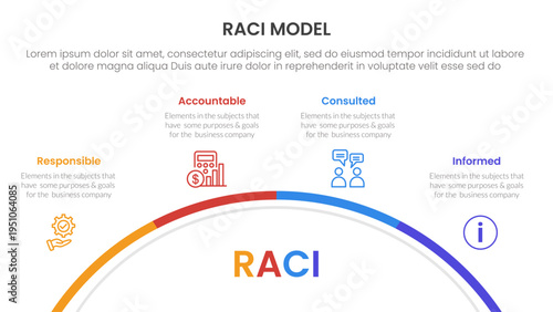 RACI model infographic 4 point stage template with half circle circular right direction for slide presentation