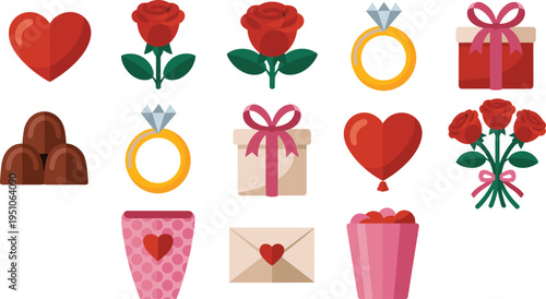Valentines day icons set vector illustration, romantic love elements including hearts, roses, chocolate, gift box, ring and envelope for holiday celebration