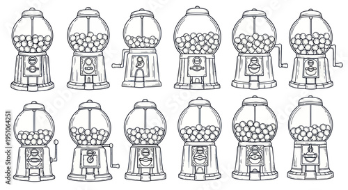 Row of Vintage Gumball Machines, Hand-Drawn Sketch Style