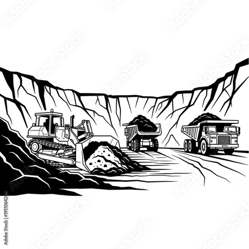 Bulldozer and Dump Trucks at a Mining Site Illustration.