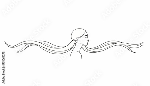Elegant Woman Profile with Flowing Long Hair, Minimalist Line Art