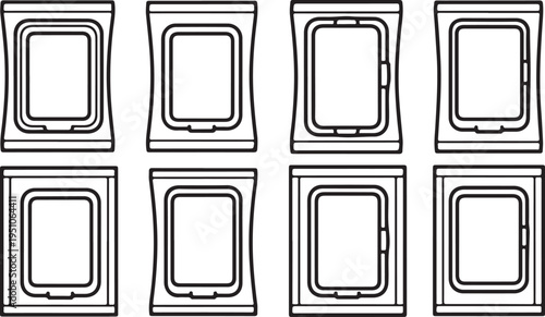 Eight identical rectangular containers with rounded corners and lids Vector