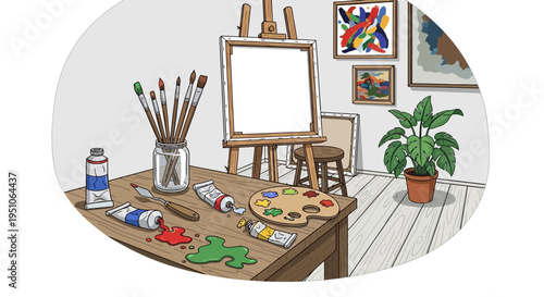 Colorful paints and brushes on table.