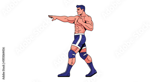 Illustration of a muscular man in blue wrestling attire pointing to the side against a plain white background.