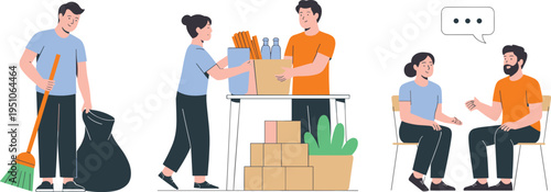 Volunteers cleaning park, organizing donation supplies, and discussing community support activities, teamwork charity concept, social help and environmental care vector illustration