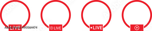 Set of live stream button set. collection of red live streaming icons featuring a dot circle.  Vector illustration eps10.