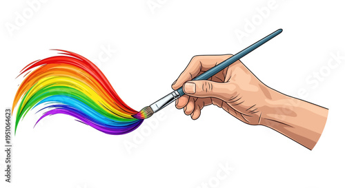 Hand holding paintbrush with rainbow colors.