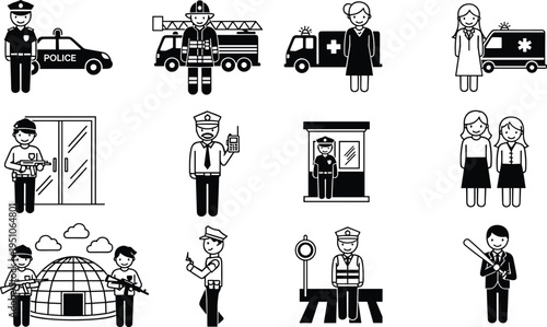 security, service, workers, icons, police, firefighter, ambulance, guard, checkpoint, protection, safety, authority, emergency, patrol, defense, profession, people, uniform, surveillance, illustration