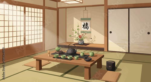 Traditional Japanese tea room interior with tatami mats and low wooden table