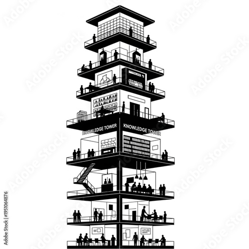 Architectural Cross-Section of a Multi-Story Building with Occupants.