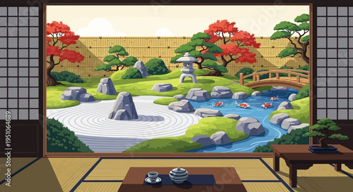 Serene Japanese garden viewed from traditional tatami room with sliding doors