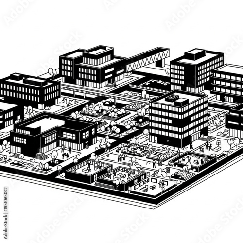 Architectural Rendering of a Modern Urban Cityscape with Buildings.