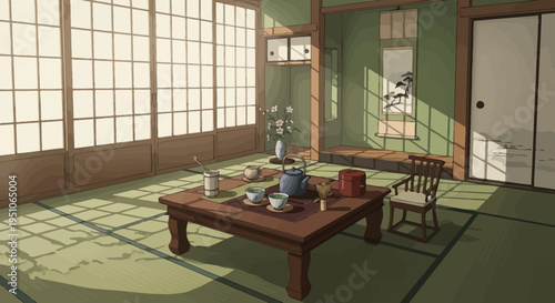 Traditional Japanese tatami room interior with low wooden table and chair