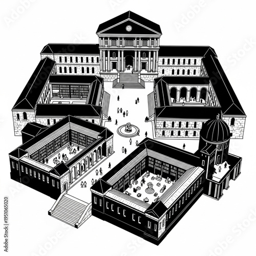Architectural Illustration of a Grand Building Complex with Courtyards.