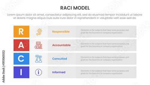 RACI model infographic 4 point stage template with long box rectangle box stack for slide presentation
