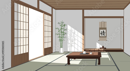 Traditional Japanese interior design with tatami mat flooring and shoji screens
