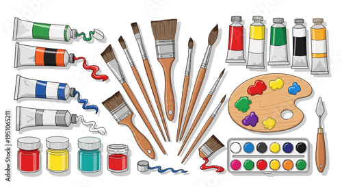 Paint Brushes and Colorful Art Supplies.